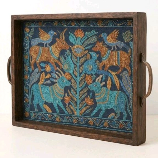 Teakwood Tray With Metal Handle-2 Pieces -Gond Art Theme - 2 pieces
