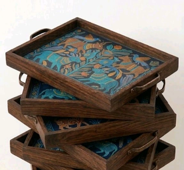 Teakwood Tray With Metal Handle-2 Pieces -Gond Art Theme - 2 pieces
