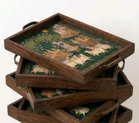 Teakwood Tray With Metal Handle-2 Pieces -pichwai Art Theme - 2 pieces