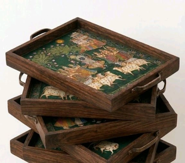 Teakwood Tray With Metal Handle-2 Pieces -pichwai Art Theme - 2 pieces