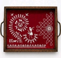 Teakwood Tray With Metal Handle- 2 Pieces -Warli Art Theme - purple, 2 pieces