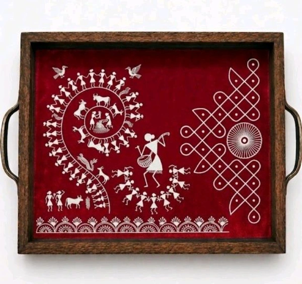 Teakwood Tray With Metal Handle- 2 Pieces -Warli Art Theme - purple, 2 pieces