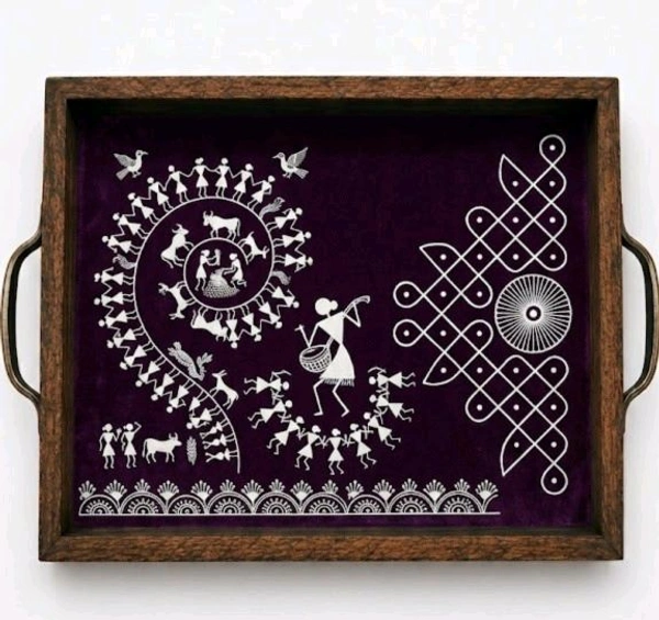 Teakwood Tray With Metal Handle- 2 Pieces -Warli Art Theme - purple, 2 pieces