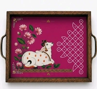 Teakwood Tray With Metal Handle-2 Pieces -Pichwai Cow And Lotus Art Theme - blue, 2 pieces