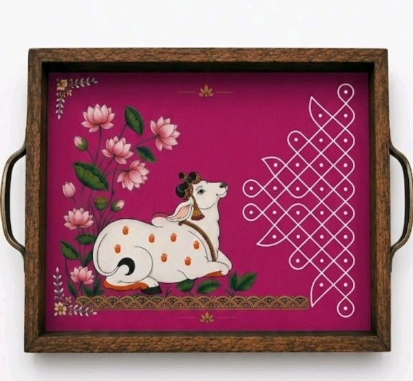 Teakwood Tray With Metal Handle-2 Pieces -Pichwai Cow And Lotus Art Theme - pink, 2 pieces