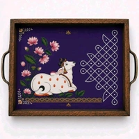 Teakwood Tray With Metal Handle-2 Pieces -Pichwai Cow And Lotus Art Theme - pink, 2 pieces