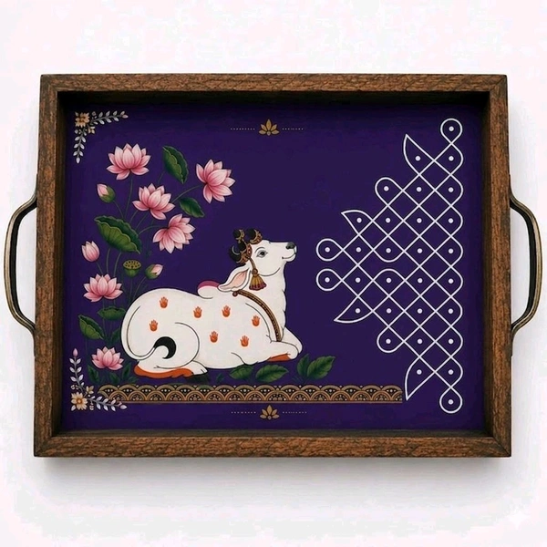 Teakwood Tray With Metal Handle-2 Pieces -Pichwai Cow And Lotus Art Theme - pink, 2 pieces