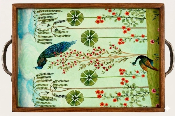 Teakwood Tray With Metal Handle-2 Pieces -Peacock Art Theme - 2 pieces