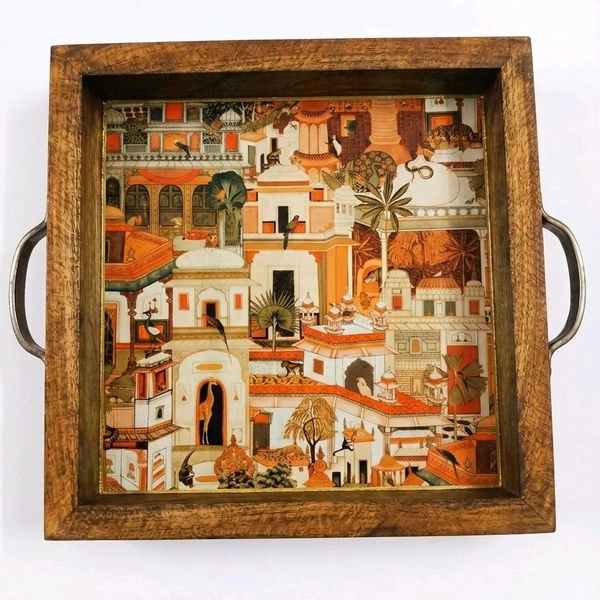 Teakwood Tray With Metal Handle- 5 Pieces - Rajasthani Pichwai Haveli / Mandir Town Theme - 10 * 10 * 1.5 inches, 5 pieces