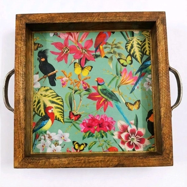 Teakwood Tray With Metal Handle- 5 Pieces - Tropical Botanical & Bird Garden Theme - 8 * 8 * 1.5 inches, 5 pieces