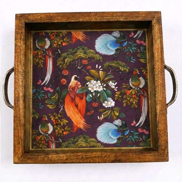 Teakwood Tray With Metal Handle- 5 Pieces - Birds Of Paradise On Chinoiserie Theme - 10 * 10 * 1.5 inches, 5 pieces