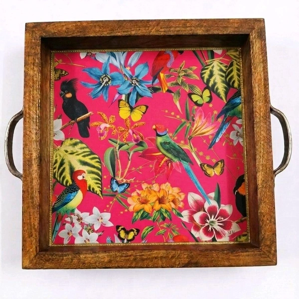 Teakwood Tray With Metal Handle- 5 Pieces - Tropical Botanical & Bird Garden On Fushsia Theme - 10 * 10 * 1.5 inches, 5 pieces