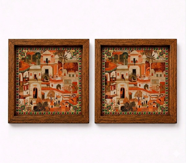 Teakwood Coasters / Mini Wall Frames-Set Of 4 Pieces- Rajasthani Pichwai Haveli / Mandir Town - 4 pieces