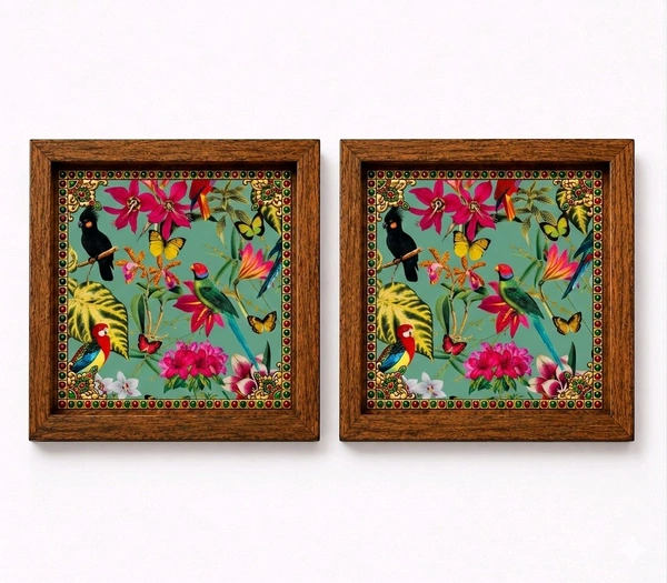 Teakwood Coasters / Mini Wall Frames-Set Of 4 Pieces- Tropical Botanical & Bird Garden - 4 pieces