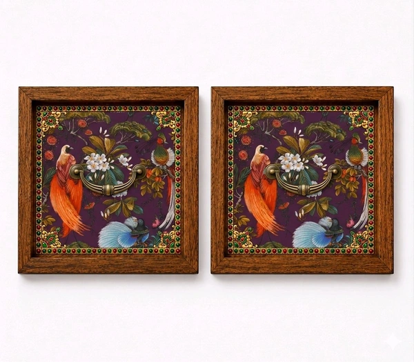 Teakwood Coasters / Mini Wall Frames-Set Of 4 Pieces- Birds Of Paradise On Chinoiserie - 4 pieces