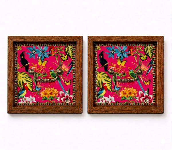Teakwood Coasters / Mini Wall Frames-Set Of 4 Pieces- Tropical Botanical & Bird Garden On Fushsia - 4 pieces