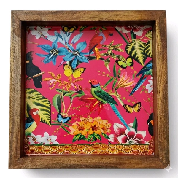 Teakwood Wall Frames - 5 Pieces - Birds Of Paradise On Chinoiserie Theme - 8 * 8 * 0.5 inches, 5 pieces