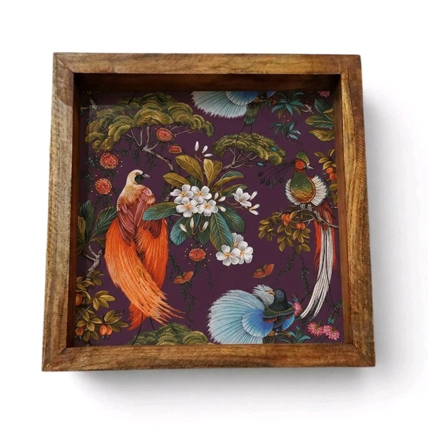 Teakwood Wall Frames - 5 Pieces - Tropical Botanical & Bird Garden On Fushsia Theme - 8 * 8 * 0.5 inches, 5 pieces