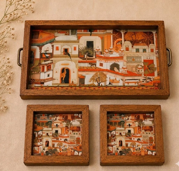 Teakwood Tray With Coasters- Tray Set -Rajasthani Pichwai Haveli / Mandir Town Theme