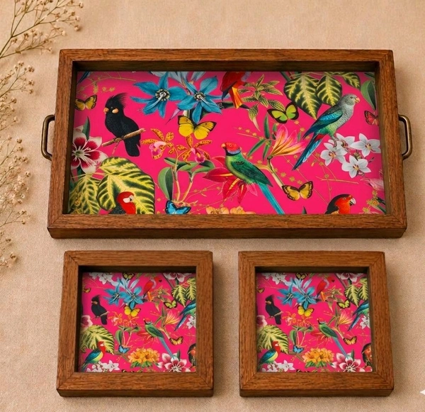 Teakwood Tray With Coasters- Tray Set -Tropical Botanical & Bird Garden On Fushsia Theme