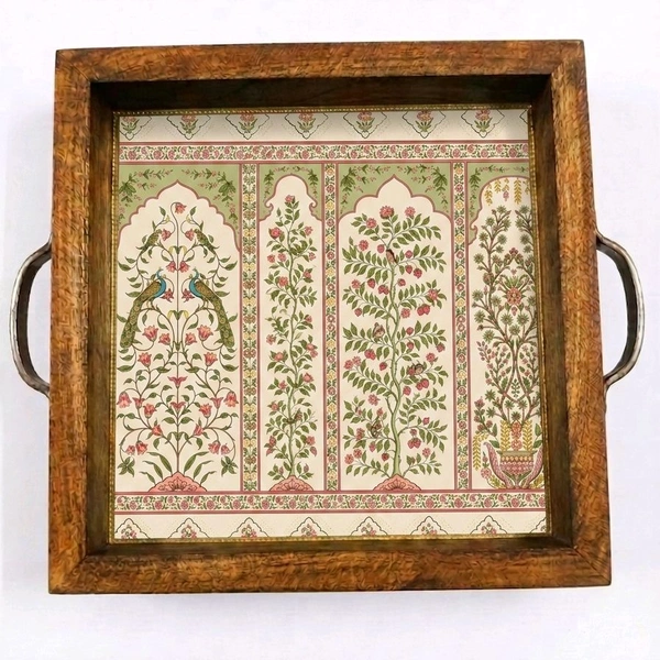Teakwood Tray With Metal Handle- 5 Pieces - Mughal Garden Theme - 10 * 10 * 1.5 inches, 5 pieces