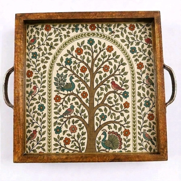 Teakwood Tray With Metal Handle- 5 Pieces - Tree Of Life- Kalamkari / Madhubani Inspired Theme - 8 * 8 * 1.5 inches, 5 pieces