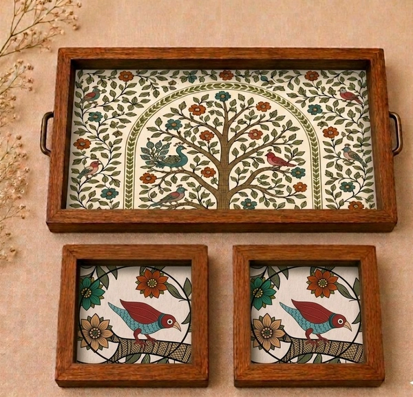 Teakwood Tray With Coasters- Tray Set -Tree Of Life- Kalamkari / Madhubani Inspired Theme