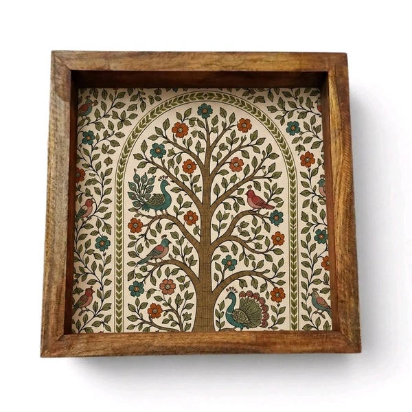 Teakwood Wall Frames - 5 Pieces - Tree Of Life-Kalamkari / Madhubani Inspired Theme - 8 * 8 * 0.5 inches, 5 pieces