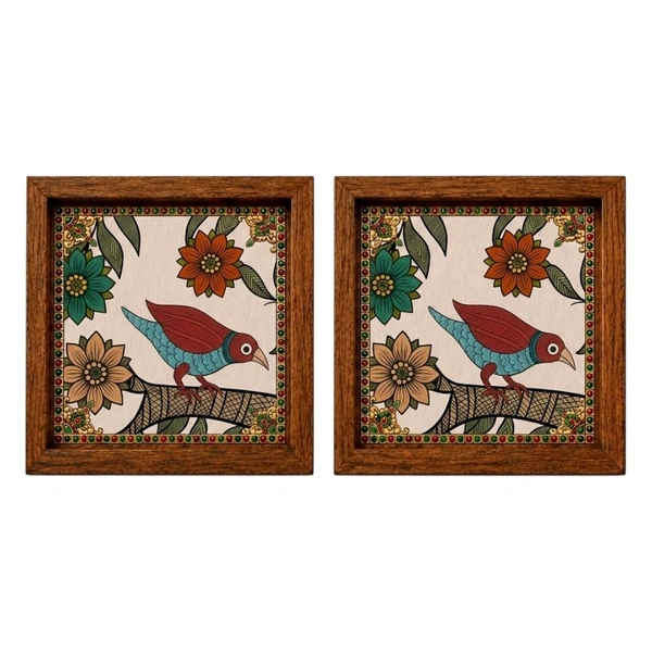 Teakwood Coasters / Mini Wall Frames-Set Of 4 Pieces- Kalamkari / Madhubani Inspired - 4 pieces
