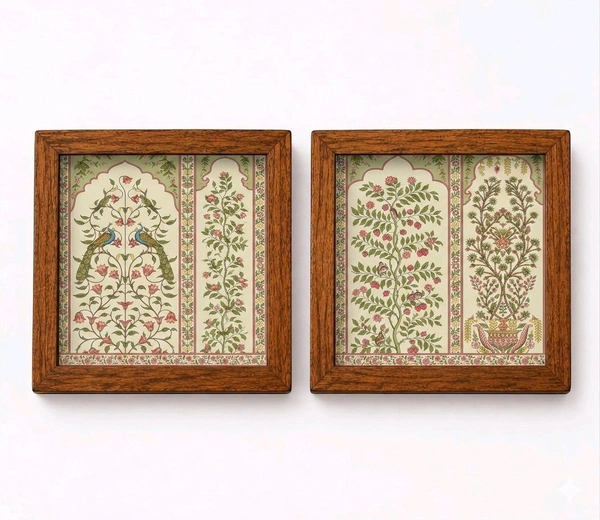 Teakwood Coasters / Mini Wall Frames-Set Of 4 Pieces- Mughal Garden - 4 pieces