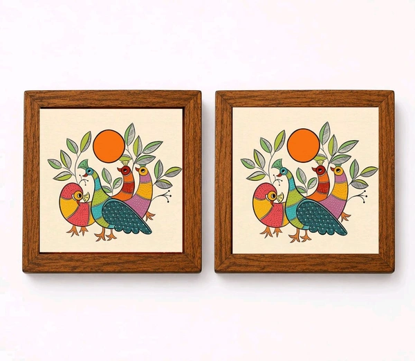 Teakwood Coasters / Mini Wall Frames-Set Of 4 Pieces- Gond Tribal Art - 4 pieces
