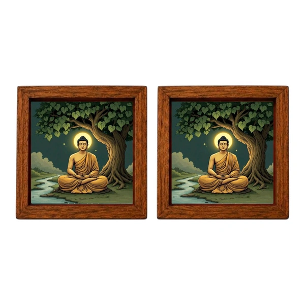 Teakwood Coasters / Mini Wall Frames-Set Of 4 Pieces- Bhudha Under Bodhi Tree - 4 pieces