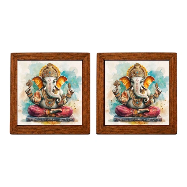 Teakwood Coasters / Mini Wall Frames-Set Of 4 Pieces- Lord Ganesh - 4 pieces