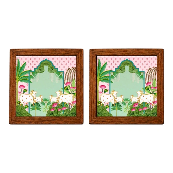 Teakwood Coasters / Mini Wall Frames-Set Of 4 Pieces- Krishna's Vrindavan Cows & Lotus Garden - 4 pieces