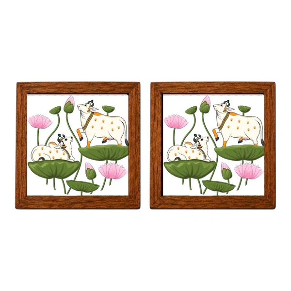 Teakwood Coasters / Mini Wall Frames-Set Of 4 Pieces- Cow & Lotus Garden In Pichwai Style - 4 pieces