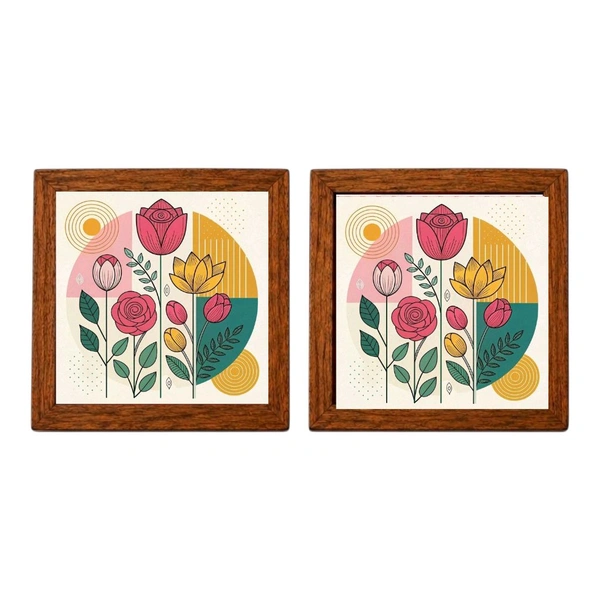 Teakwood Coasters / Mini Wall Frames-Set Of 4 Pieces- Modern Geometric Floral Art - 4 pieces