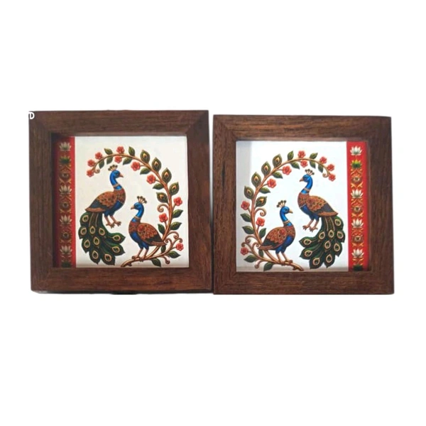Teakwood Coasters / Mini Wall Frames-Set Of 4 Pieces- Madhubani Style Peacock & Floral Folk Art - 4 pieces