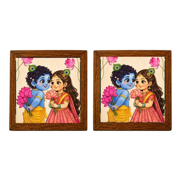 Teakwood Coasters / Mini Wall Frames-Set Of 4 Pieces- Cute Radha Krishna - 4 pieces