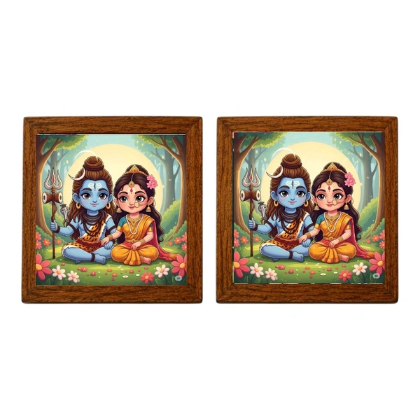 Teakwood Coasters / Mini Wall Frames-Set Of 4 Pieces- Cute Shiva Parvati - 4 pieces