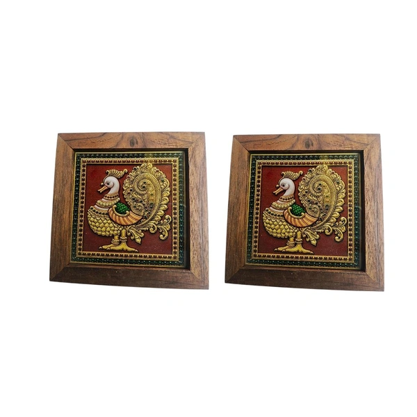 Tanjore Painting Style Teakwood Coasters / Mini Wall Frames-Set Of 4 Pieces- Hamsa - 4 pieces