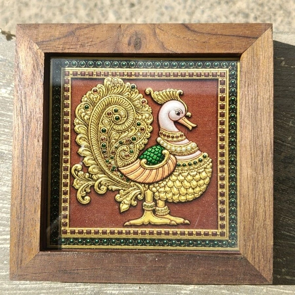 Tanjore Painting Style Teakwood Coasters / Mini Wall Frames-Set Of 4 Pieces- Hamsa - 4 pieces