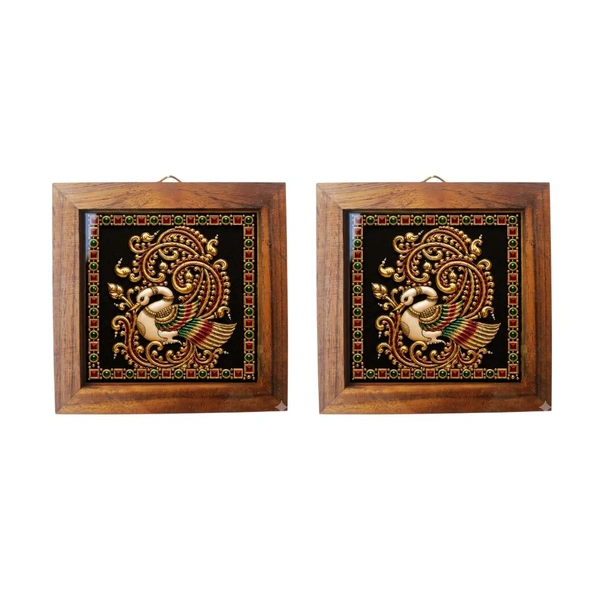 Tanjore Painting Style Teakwood Coasters / Mini Wall Frames-Set Of 4 Pieces- Annapakshi - 4 pieces