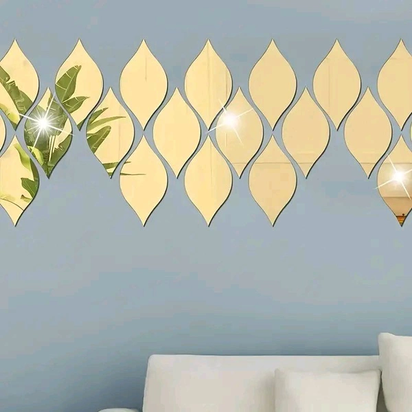Laser Cut Acrylic Mirror Wall Stickers Vintage Oval Leaf Water Drops Design - Silver