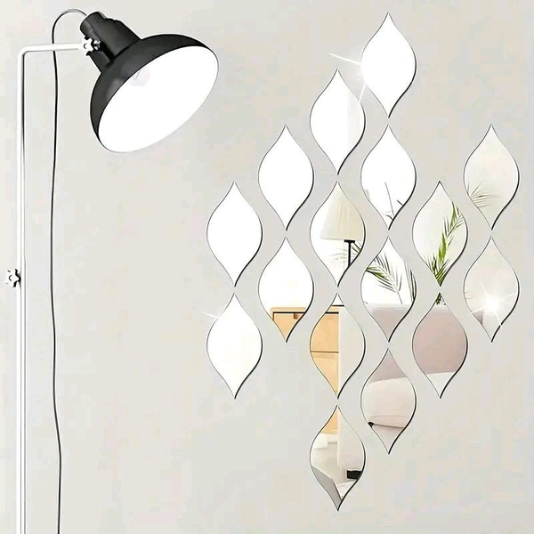 Laser Cut Acrylic Mirror Wall Stickers Vintage Oval Leaf Water Drops Design - Silver