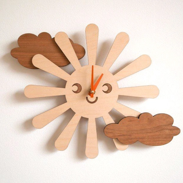 Laser Cut Wooden Happy Sun Clock For Kids Room