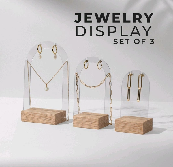 3 Pack Acrylic Jewelry Display With Pinewood Base - Transparent acrylic
