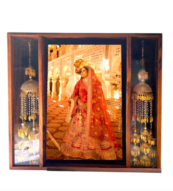Pinewood Frame 4 Side LED Lights + Base Mdf Varmala Preservation With Acrylic Cover With Walnut Stain - 24 * 20 * 2 Inches
