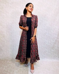 Floral Printed Frill Jacket With Aline Dress - Black, XL-42