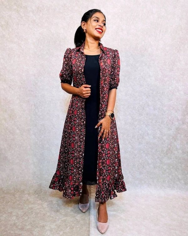 Floral Printed Frill Jacket With Aline Dress - Black, XL-42
