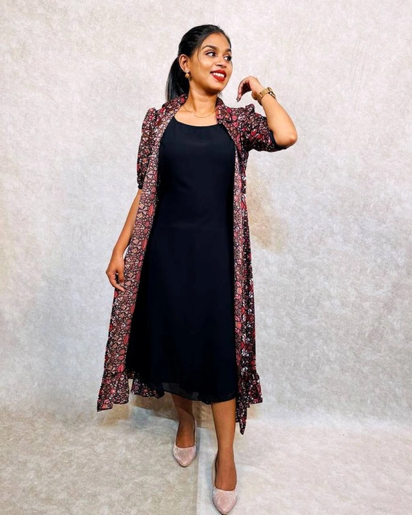 Floral Printed Frill Jacket With Aline Dress - Black, XL-42